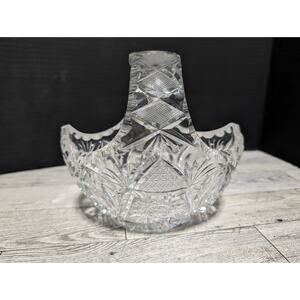 Vintage Clear Lead Crystal Glass Starburst Pinwheel Cut Basket With Handle 6"